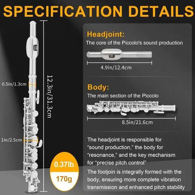 Alt view image 2 of 7 - Closed Hole C Piccolo, Professional Nickel Silver Body with Bronze Finish, Includes Gig Bag, Manual and Cleaning Kit, for Beginners and School Bands (Nickel Plated)