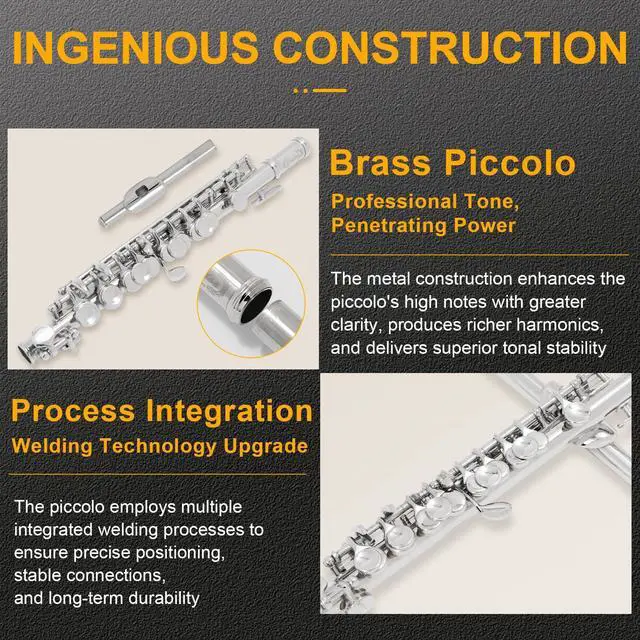 Alt view image 4 of 7 - Closed Hole C Piccolo, Professional Nickel Silver Body with Bronze Finish, Includes Gig Bag, Manual and Cleaning Kit, for Beginners and School Bands (Nickel Plated)