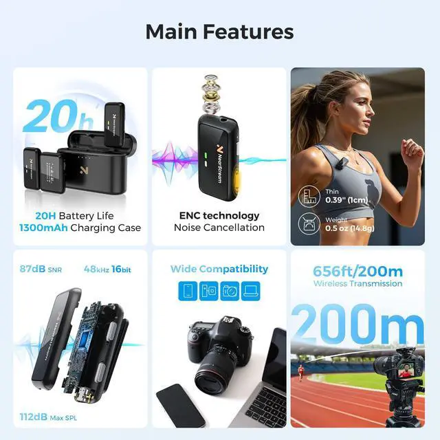 Alt view image 2 of 7 - Wireless Lapel Microphone for iPhone/Android/Camera/PC (AWM20T) | Wireless Lavalier Microphone with Noise Cancellation, 656ft Transmission, LCD Display, 20H Battery Life
