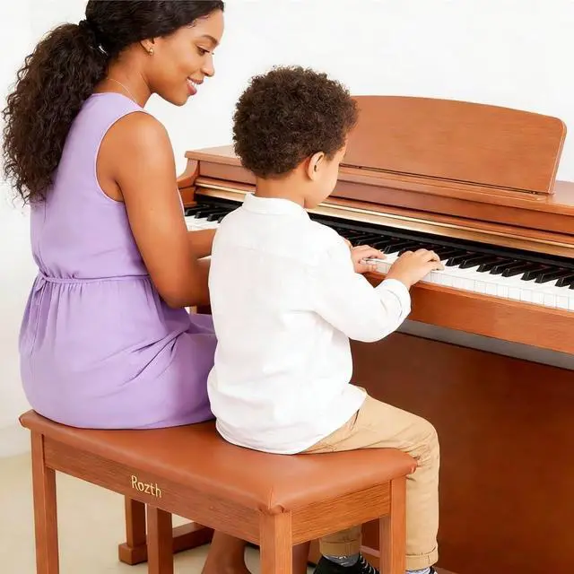 Alt view image 2 of 5 - S100 Solid Wood Duet Piano Bench with Storage, Piano Stool with Padded Cushion, Keyboard Bench with Bookcase, Piano Chair and Piano Seat. High-Density Sponges. (Yellow)