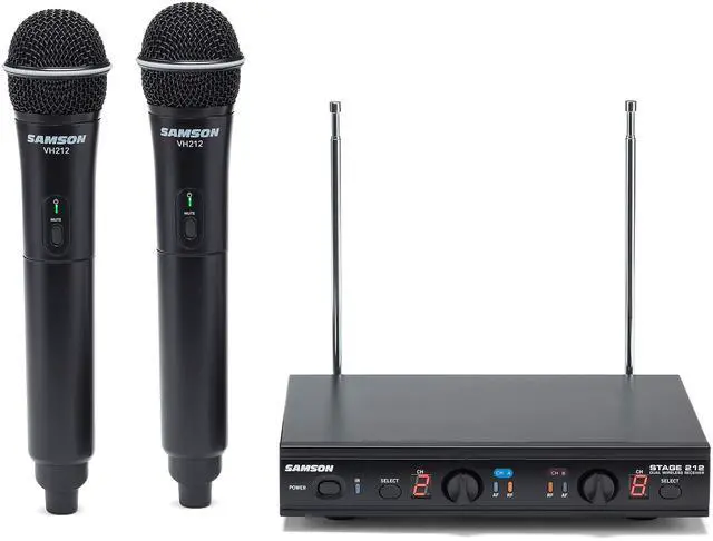 Main image of Stage 212 Dual VHF Handheld Wireless Mic System with 2 Q6 Mics | 12 Channels, Ir Sync, Xlr Mix Plus 1/4 Outputs, ~200' Range, ~12 Hr Battery