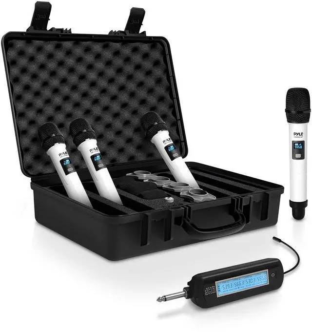 Main image of 4 Channel Wireless Microphone System, Portable UHF Band Receiver System, Independent Channel Controls, RF Signal LCD Indicator, Digital Audio Microphone Set with 4 Handheld Microphones (White)