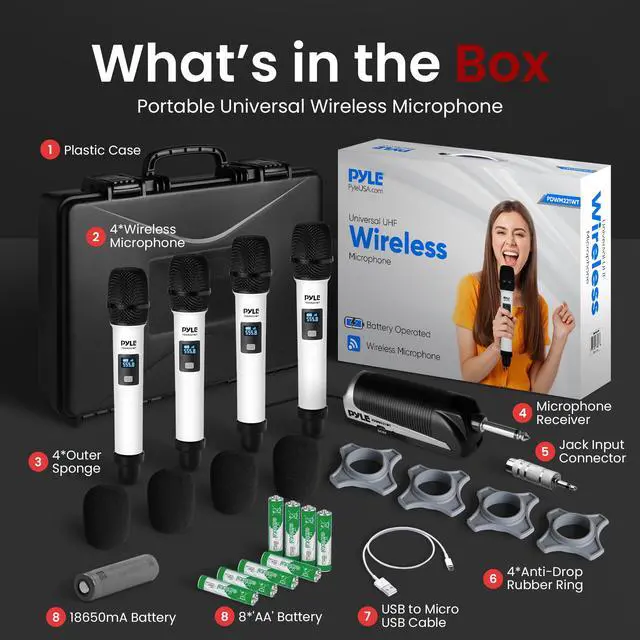 Alt view image 2 of 7 - 4 Channel Wireless Microphone System, Portable UHF Band Receiver System, Independent Channel Controls, RF Signal LCD Indicator, Digital Audio Microphone Set with 4 Handheld Microphones (White)