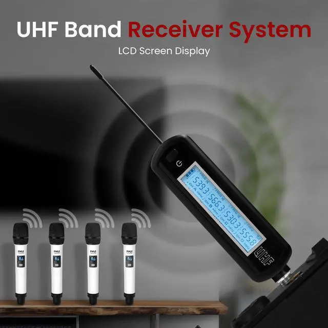 Alt view image 3 of 7 - 4 Channel Wireless Microphone System, Portable UHF Band Receiver System, Independent Channel Controls, RF Signal LCD Indicator, Digital Audio Microphone Set with 4 Handheld Microphones (White)