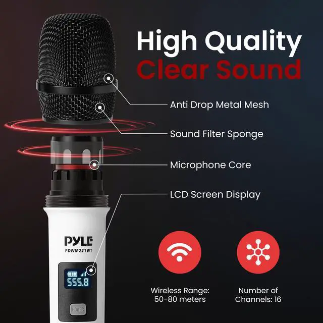 Alt view image 4 of 7 - 4 Channel Wireless Microphone System, Portable UHF Band Receiver System, Independent Channel Controls, RF Signal LCD Indicator, Digital Audio Microphone Set with 4 Handheld Microphones (White)