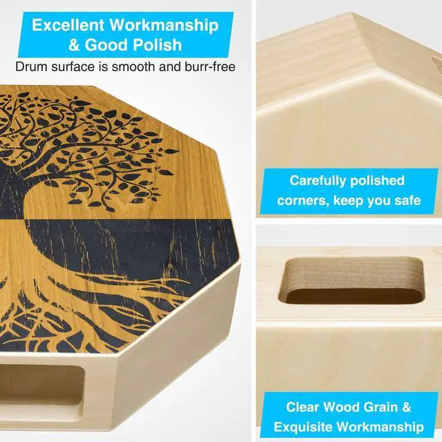 Alt view image 4 of 7 - Two-tone Cajon, Portable Travel Wooden Drum with Adjustable Strap, Easy to Carry, Unique Appearance, Beautiful Percussion Instrument (Natural Brown)