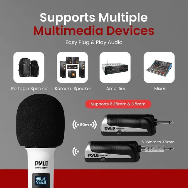 Alt view image 6 of 7 - 4 Channel Wireless Microphone System, Portable UHF Band Receiver System, Independent Channel Controls, RF Signal LCD Indicator, Digital Audio Microphone Set with 4 Handheld Microphones (White)