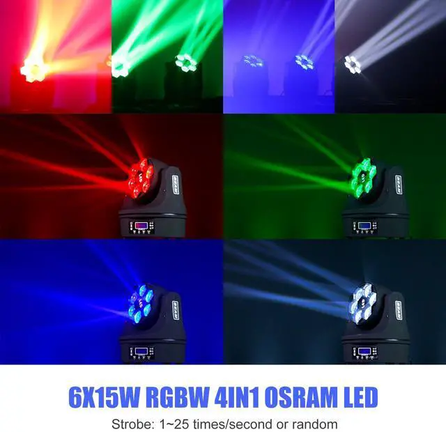 Alt view image 6 of 7 - Moving Head Light 6x15W Mini Bee Eye Dj Light RGBW 4in1 LED Stage Lighting Rotate Beam Effect DMX512 Sound Activated for dj bar Parties Wedding Bar Church Show 2 Pack