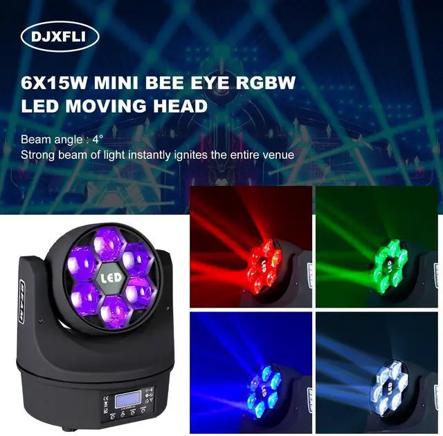 Alt view image 5 of 7 - Moving Head Light 6x15W Mini Bee Eye Dj Light RGBW 4in1 LED Stage Lighting Rotate Beam Effect DMX512 Sound Activated for dj bar Parties Wedding Bar Church Show 2 Pack
