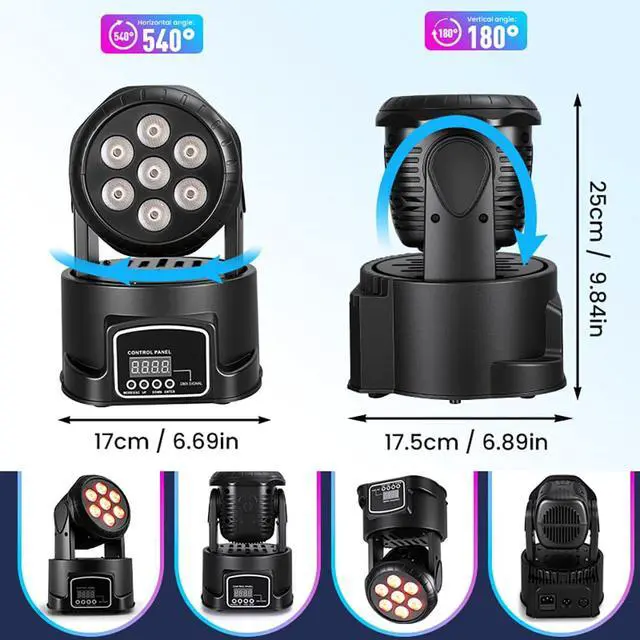 Alt view image 3 of 7 - Moving Head Wash Light, 7x10W LED DMX DJ Stage Light | 12 Colors, Sound Activated, 540° Pan & 180° Tilt, Wash Effect Lighting for Weddings, Clubs, Concerts, Bars and Events
