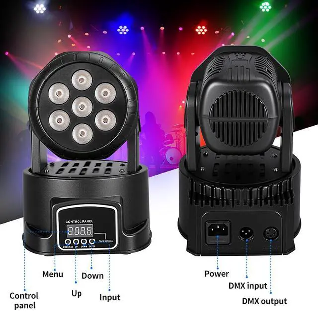 Alt view image 4 of 7 - Moving Head Wash Light, 7x10W LED DMX DJ Stage Light | 12 Colors, Sound Activated, 540° Pan & 180° Tilt, Wash Effect Lighting for Weddings, Clubs, Concerts, Bars and Events