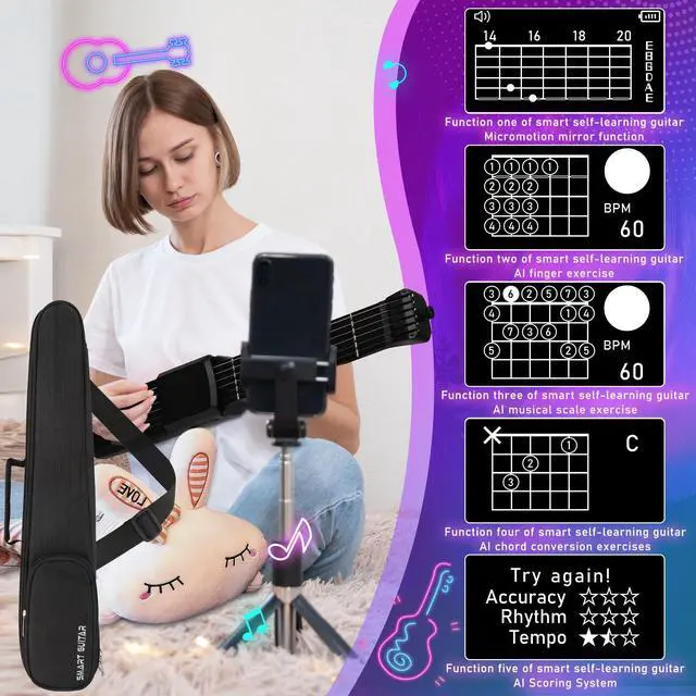 Alt view image 7 of 7 - USB Charging Smart Acoustic Electric Pocket Travel Chord Practice Portable Guitar Neck for Beginner AI LCD (BLACK)