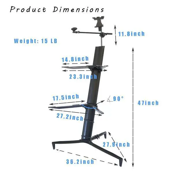 Alt view image 4 of 7 - Portable Keyboard Stand - 2-Tier Column for 61/76/88 Key Keyboards - DJ Controller, Mixer, Synthesizer - Aluminum with Carrying Bag