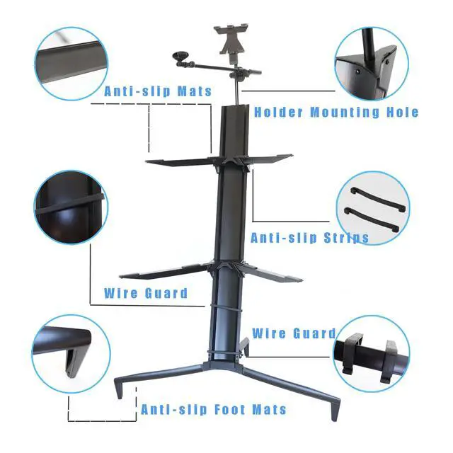 Alt view image 3 of 7 - Portable Keyboard Stand - 2-Tier Column for 61/76/88 Key Keyboards - DJ Controller, Mixer, Synthesizer - Aluminum with Carrying Bag