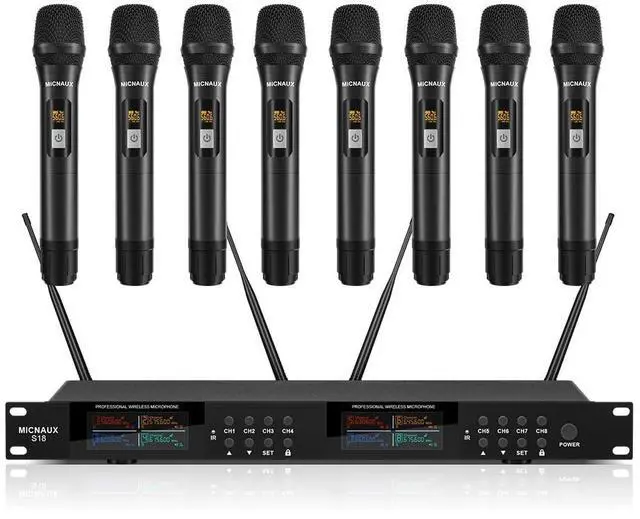 Main image of Wireless Microphone System, Pro 8 Channel UHF Mics Set with Metal Cordless Handheld Mics & Receiver, 200 Adjustable Frequency, 300ft Range for Singing, Church, Karaoke, Party