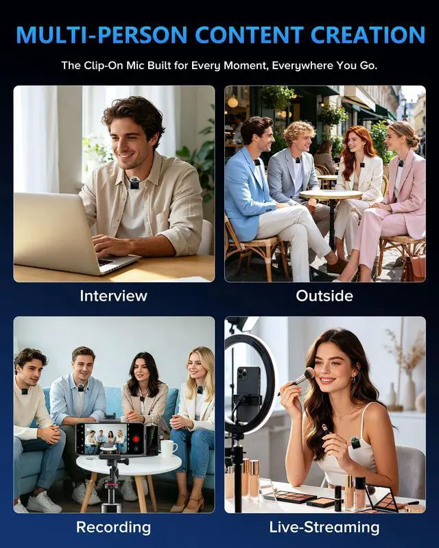 Alt view image 6 of 7 - 4 Pack Wireless Lavalier Microphone for iPhone Android & Camera | Mini Mics with AI Noise Reduction, 40H Battery for 4-Person Interviews, Video Recording, Podcasts, YouTube, TikTok, Vlogging