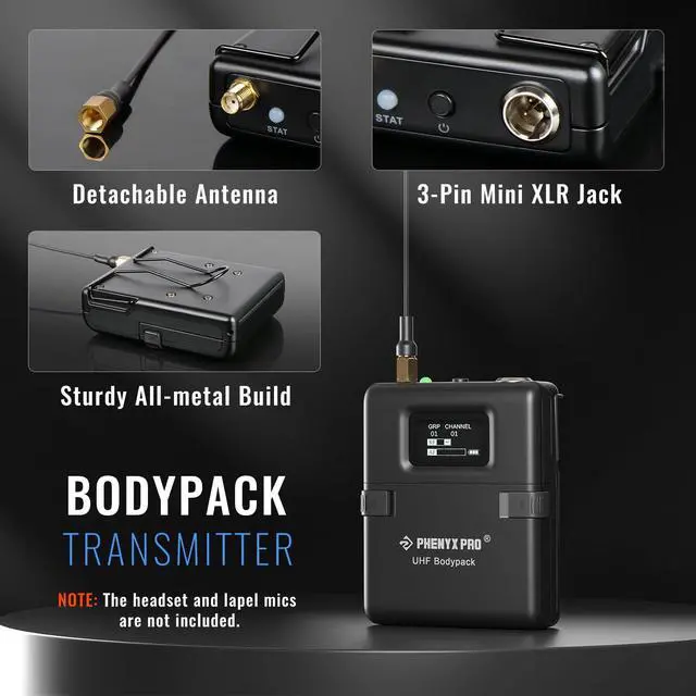 Alt view image 2 of 3 - Wireless Bodypack Transmitter, UHF Bodypack Microphone for PTU-1U/PTU-2U True Diversity Wireless Microphone Systems, w/Tunable Channels, Mute Function (PWB-12)