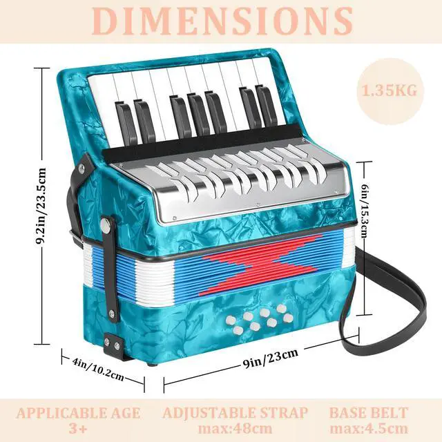 Alt view image 2 of 7 - 17 Key Piano Accordion, 8 Bass Kids Accordion, Celluloid Body, Metal Cover Accordions Louder Clearer Timbre Than Plastic, Lightweight Design for Children, Beginners to Practice (Azure Blue)