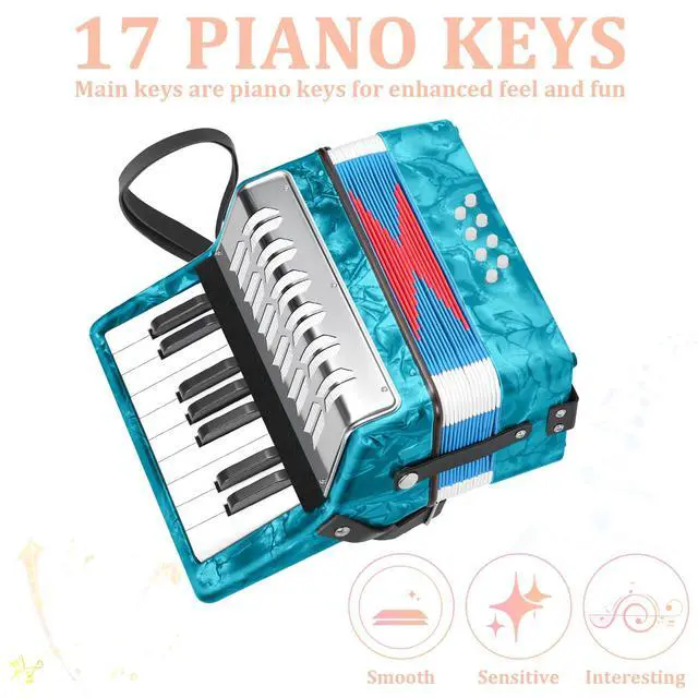 Alt view image 3 of 7 - 17 Key Piano Accordion, 8 Bass Kids Accordion, Celluloid Body, Metal Cover Accordions Louder Clearer Timbre Than Plastic, Lightweight Design for Children, Beginners to Practice (Azure Blue)