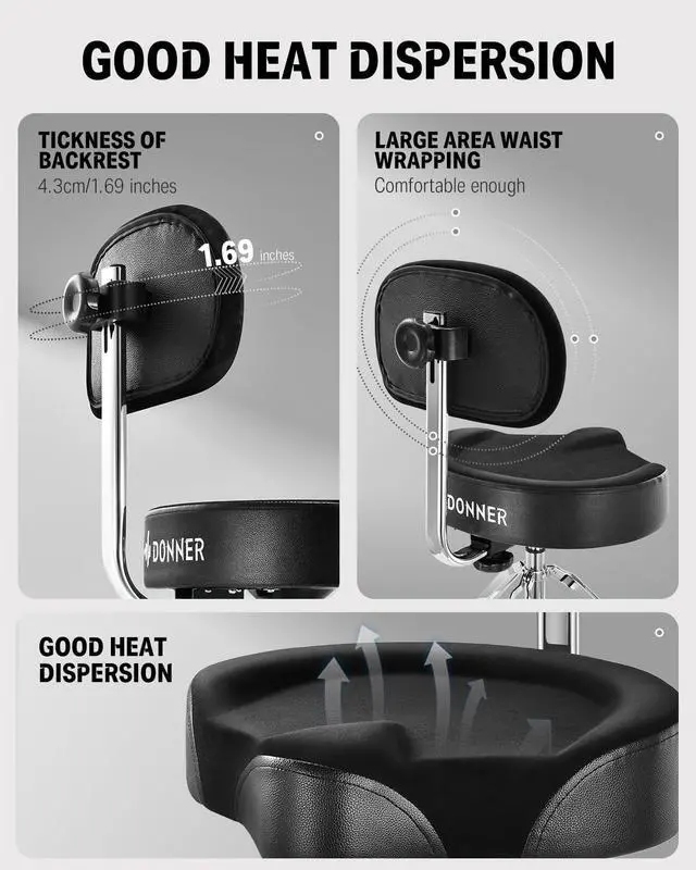 Alt view image 3 of 7 - Drum Throne with Backrest, Heavy Duty Hydraulic Drum Stool Height Adjustable Motorcycle Style Drum Seat Saddle Drum Throne for Adults Drummers (Black)