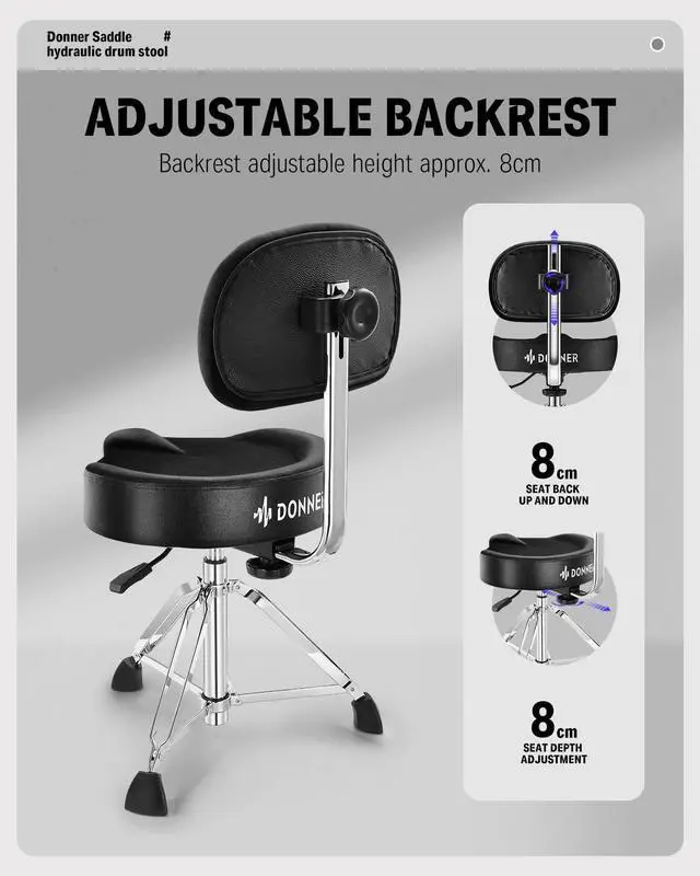 Alt view image 2 of 7 - Drum Throne with Backrest, Heavy Duty Hydraulic Drum Stool Height Adjustable Motorcycle Style Drum Seat Saddle Drum Throne for Adults Drummers (Black)
