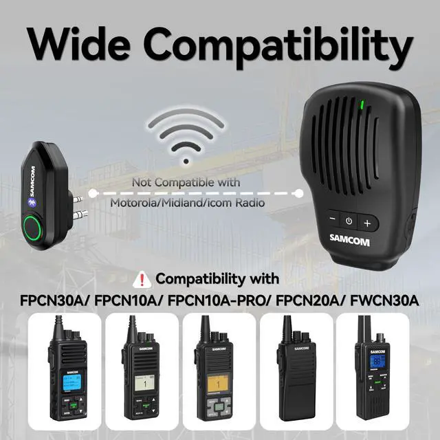 Alt view image 6 of 7 - Wireless PTT Microphone Bluetooth Speaker Mic for Walkie Talkie | IP67 Waterproof Noise Reduce with 2-Pin K Prong Dongle 3.5m Audio 10 Hours Work with 2 Pin FPCN30A FPCN10A Radios and Phone