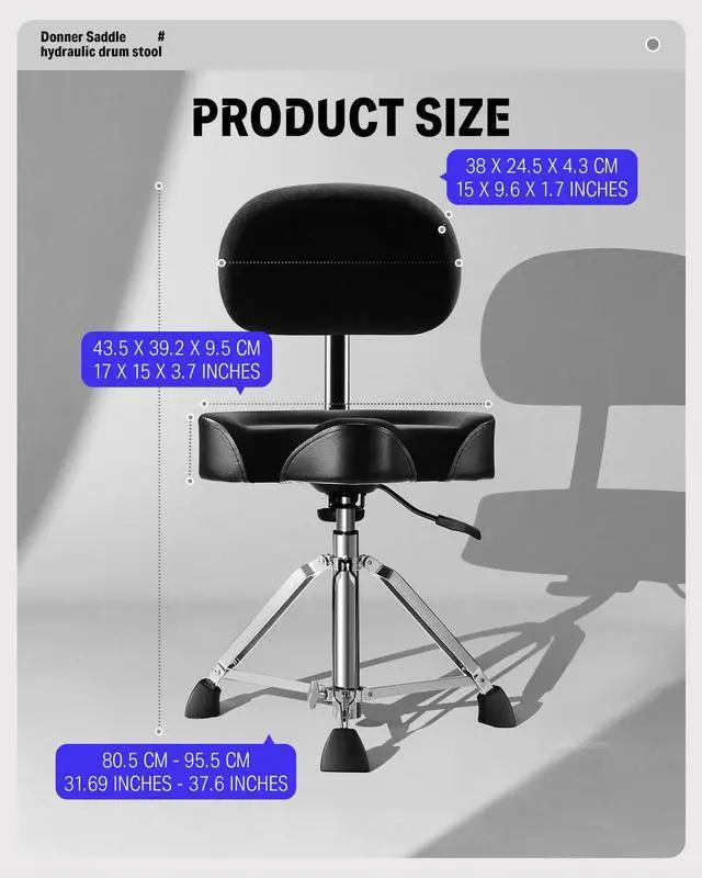 Alt view image 7 of 7 - Drum Throne with Backrest, Heavy Duty Hydraulic Drum Stool Height Adjustable Motorcycle Style Drum Seat Saddle Drum Throne for Adults Drummers (Black)