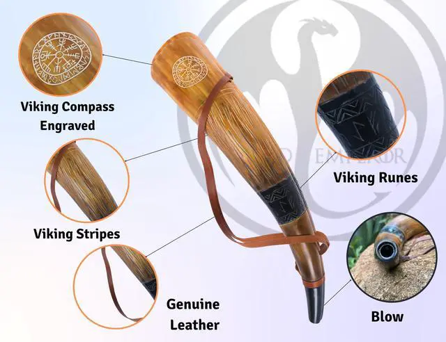 Alt view image 3 of 7 - Viking War Blowing Horn| 18Inch Genuine Ox Battle Trumpet with Leather Strap-Hand Engraved| Easy and Clear Sound| Viking chirstmas Gift for Men & Women