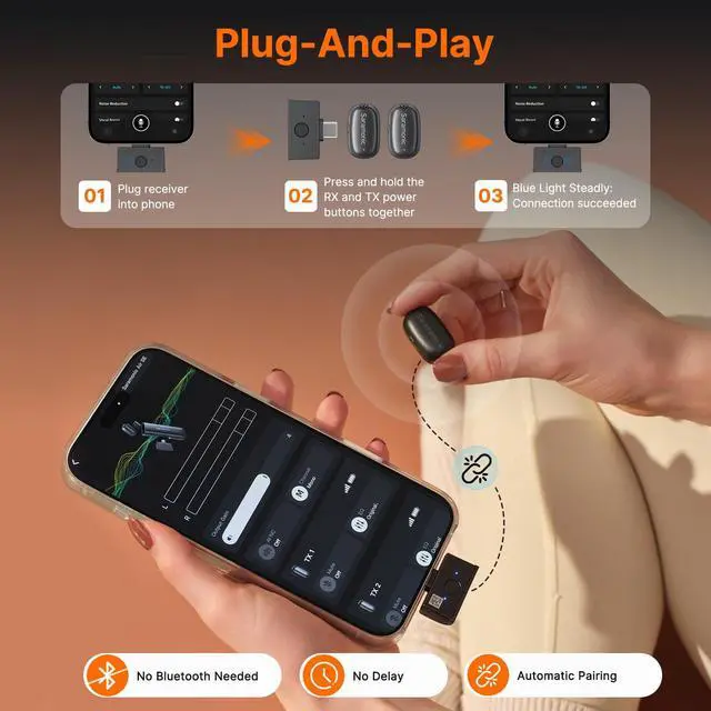 Alt view image 6 of 7 - Air SE Wireless Lavalier Microphone for for iPhone & Android Dual Receiver (USB-C + Lightning), AI Noise Cancellation, 48kHz/24bit for YouTube, Podcast, Interview