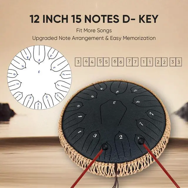 Alt view image 2 of 7 - Steel Tongue Drum 12 Inch 15 Notes: Handpan Drums Set with Music Book Mallets Carry Bag - Hand Pan Instrument for Adults Musical Education Meditation Yoga Chakra (Black)