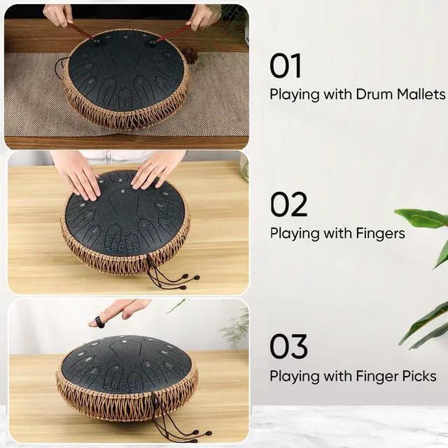 Alt view image 4 of 7 - Steel Tongue Drum 12 Inch 15 Notes: Handpan Drums Set with Music Book Mallets Carry Bag - Hand Pan Instrument for Adults Musical Education Meditation Yoga Chakra (Black)