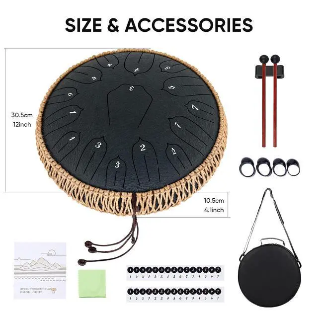 Alt view image 7 of 7 - Steel Tongue Drum 12 Inch 15 Notes: Handpan Drums Set with Music Book Mallets Carry Bag - Hand Pan Instrument for Adults Musical Education Meditation Yoga Chakra (Black)