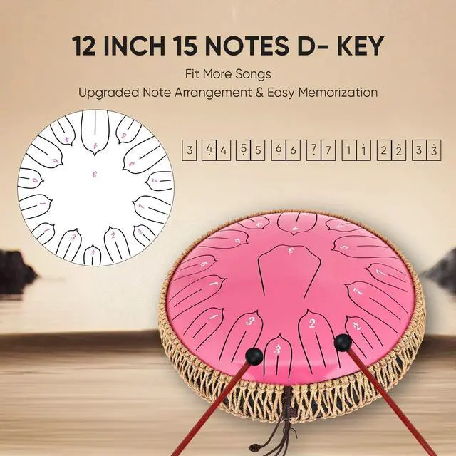 Alt view image 2 of 7 - Steel Tongue Drum 12 Inch 15 Notes: Handpan Drums Set with Music Book Mallets Carry Bag - Hand Pan Instrument for Adults Musical Education Meditation Yoga Chakra(Pink)