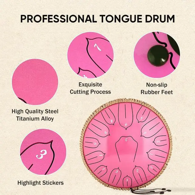 Alt view image 3 of 7 - Steel Tongue Drum 12 Inch 15 Notes: Handpan Drums Set with Music Book Mallets Carry Bag - Hand Pan Instrument for Adults Musical Education Meditation Yoga Chakra(Pink)