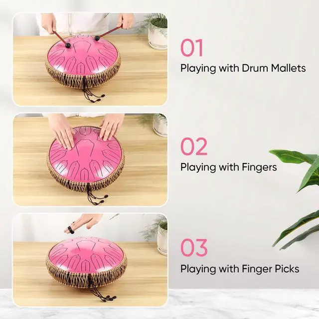 Alt view image 4 of 7 - Steel Tongue Drum 12 Inch 15 Notes: Handpan Drums Set with Music Book Mallets Carry Bag - Hand Pan Instrument for Adults Musical Education Meditation Yoga Chakra(Pink)