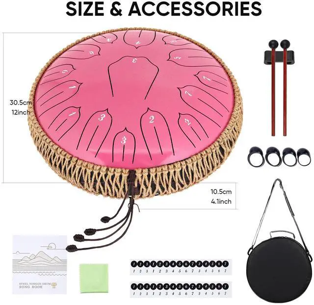 Alt view image 7 of 7 - Steel Tongue Drum 12 Inch 15 Notes: Handpan Drums Set with Music Book Mallets Carry Bag - Hand Pan Instrument for Adults Musical Education Meditation Yoga Chakra(Pink)