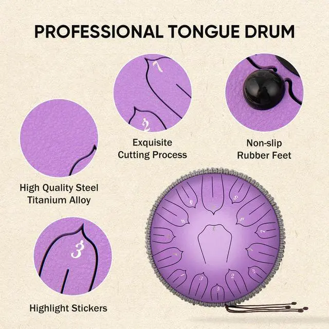 Alt view image 3 of 7 - Steel Tongue Drum 12 Inch 15 Notes: Handpan Drums Set with Music Book Mallets Carry Bag - Hand Pan Instrument for Adults Musical Education Meditation Yoga Chakra (Purple)