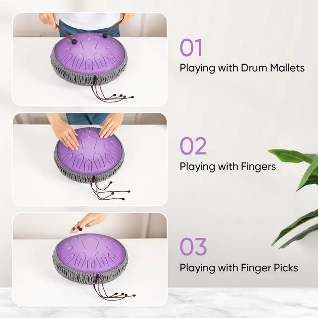 Alt view image 4 of 7 - Steel Tongue Drum 12 Inch 15 Notes: Handpan Drums Set with Music Book Mallets Carry Bag - Hand Pan Instrument for Adults Musical Education Meditation Yoga Chakra (Purple)