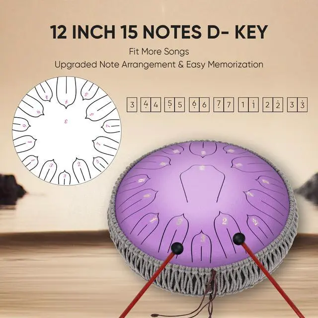 Alt view image 2 of 7 - Steel Tongue Drum 12 Inch 15 Notes: Handpan Drums Set with Music Book Mallets Carry Bag - Hand Pan Instrument for Adults Musical Education Meditation Yoga Chakra (Purple)