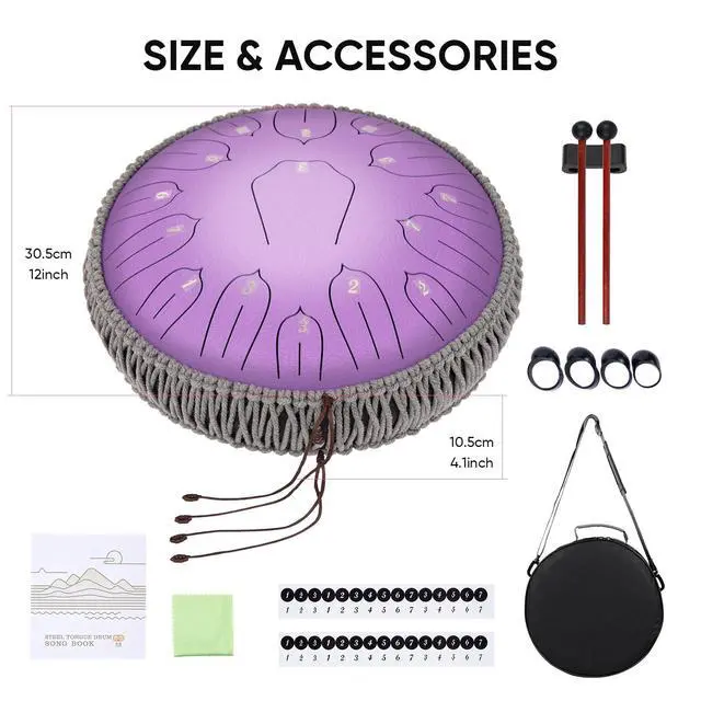 Alt view image 7 of 7 - Steel Tongue Drum 12 Inch 15 Notes: Handpan Drums Set with Music Book Mallets Carry Bag - Hand Pan Instrument for Adults Musical Education Meditation Yoga Chakra (Purple)