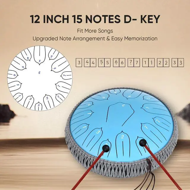 Alt view image 2 of 7 - Steel Tongue Drum 12 Inch 15 Notes: Handpan Drums Set with Music Book Mallets Carry Bag - Hand Pan Instrument for Adults Musical Education Meditation Yoga Chakra (Blue)