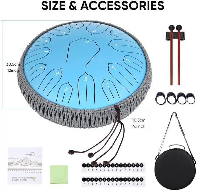 Alt view image 7 of 7 - Steel Tongue Drum 12 Inch 15 Notes: Handpan Drums Set with Music Book Mallets Carry Bag - Hand Pan Instrument for Adults Musical Education Meditation Yoga Chakra (Blue)