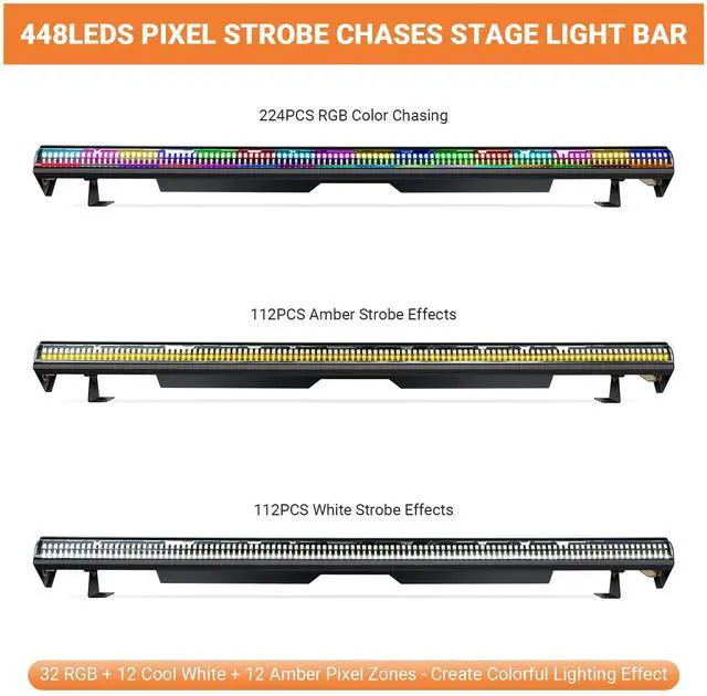 Alt view image 3 of 7 - 240W Stage Wash Light Bar - 448LEDs RGBWA DMX Light Bar by DMX Master-Slave Control 32 RGB & 12 White & 12 Amber Zones Chase Effects for Wedding Concert Music DJ Live Halloween Event Performance