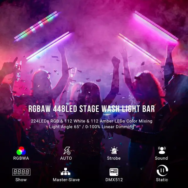 Alt view image 2 of 7 - 240W Stage Wash Light Bar - 448LEDs RGBWA DMX Light Bar by DMX Master-Slave Control 32 RGB & 12 White & 12 Amber Zones Chase Effects for Wedding Concert Music DJ Live Halloween Event Performance