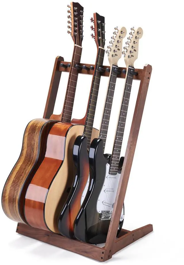 Main image of Multi Guitar Stand, Walnut Wood Guitar Rack for 3 Acoustic/5 Electric/Bass | for 3 Acoustic/5 Electric/Bass, Soft Felt Pad, Neck Holder, Floor Instrument Holder, Space Saving, for Home Studio Display