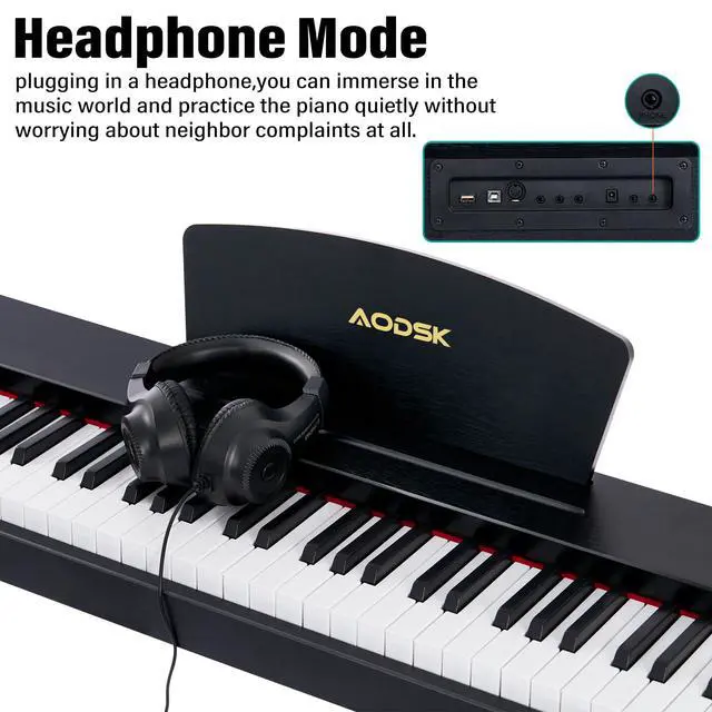 Alt view image 5 of 7 - Beginner Digital Piano 88 Key Keyboard,Full-size Electric Piano for Beginners,with Sheet Music Stand,Pedal,Power Adapter,Headphone Mode,USB-MIDI,Piano Lessons,Black,-Comes with headphones