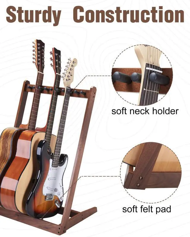 Alt view image 3 of 7 - Multi Guitar Stand, Walnut Wood Guitar Rack for 3 Acoustic/5 Electric/Bass | for 3 Acoustic/5 Electric/Bass, Soft Felt Pad, Neck Holder, Floor Instrument Holder, Space Saving, for Home Studio Display