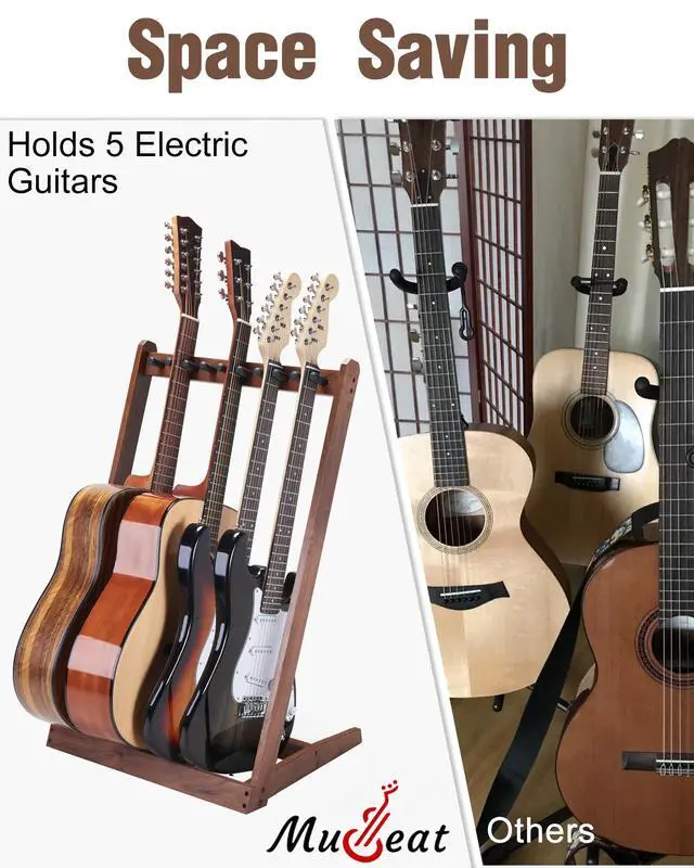 Alt view image 4 of 7 - Multi Guitar Stand, Walnut Wood Guitar Rack for 3 Acoustic/5 Electric/Bass | for 3 Acoustic/5 Electric/Bass, Soft Felt Pad, Neck Holder, Floor Instrument Holder, Space Saving, for Home Studio Display
