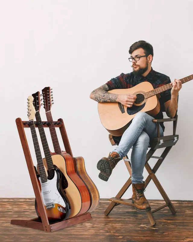 Alt view image 5 of 7 - Multi Guitar Stand, Walnut Wood Guitar Rack for 3 Acoustic/5 Electric/Bass | for 3 Acoustic/5 Electric/Bass, Soft Felt Pad, Neck Holder, Floor Instrument Holder, Space Saving, for Home Studio Display