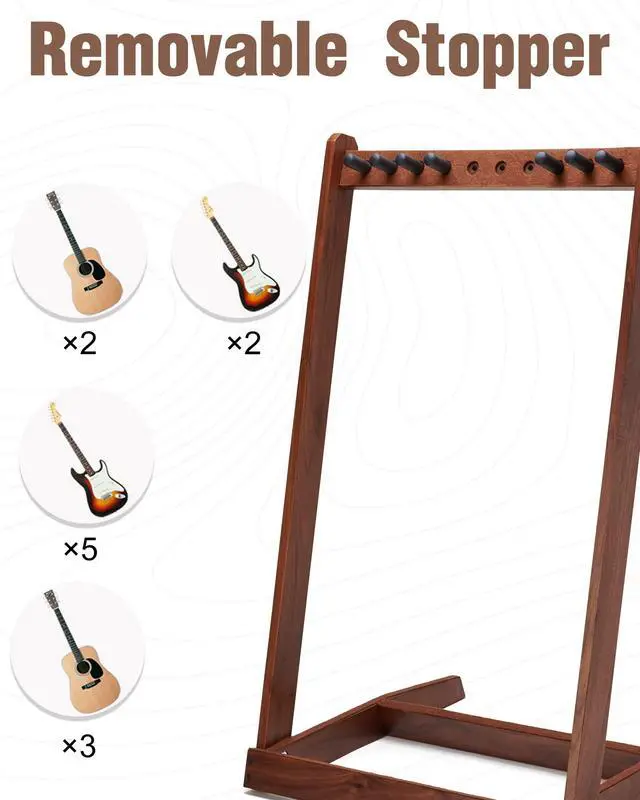 Alt view image 6 of 7 - Multi Guitar Stand, Walnut Wood Guitar Rack for 3 Acoustic/5 Electric/Bass | for 3 Acoustic/5 Electric/Bass, Soft Felt Pad, Neck Holder, Floor Instrument Holder, Space Saving, for Home Studio Display